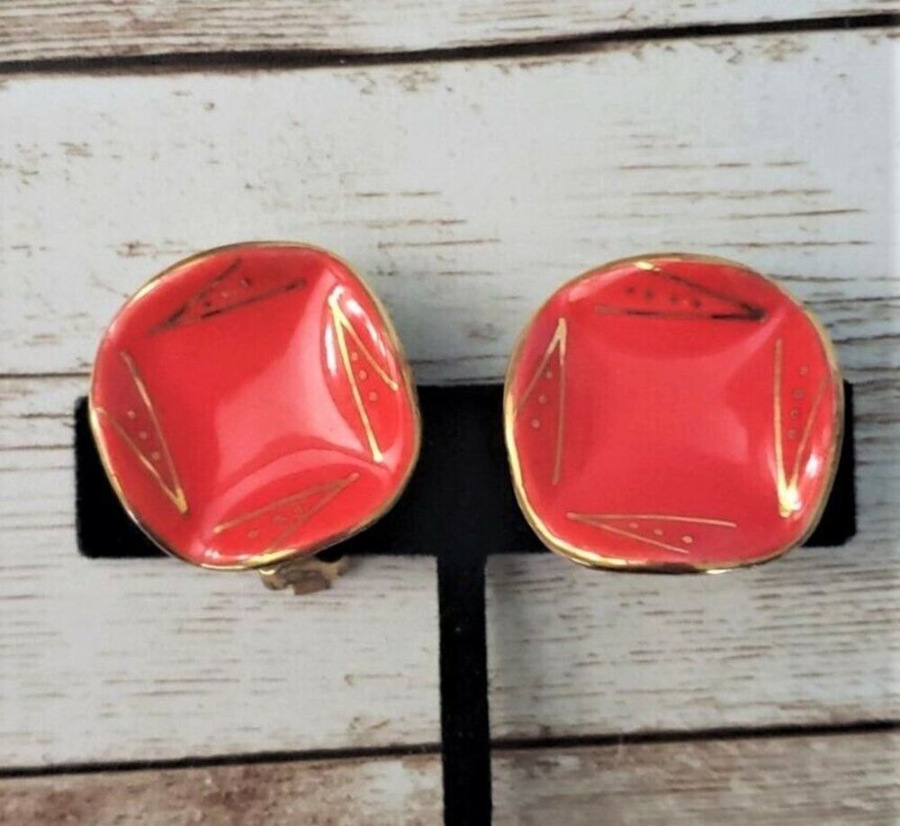 Vintage Milvern Co Clip On Earrings - Hand Painted Red & Gold Tone 1950's